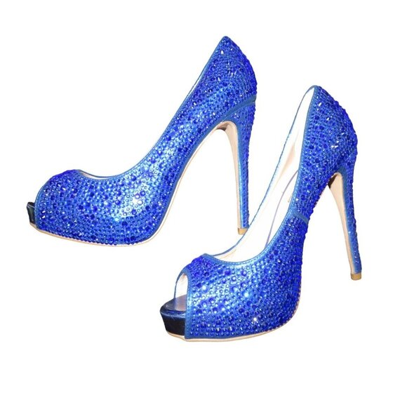 Lauren Lorraine Cobalt Blue Rhinestone Embellished Leather Stilettos Pumps sz 9 - Picture 6 of 13